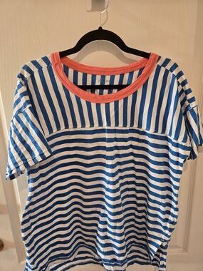 Pilcro Blue and White Striped Short Sleeve Tee with Coral Neckline